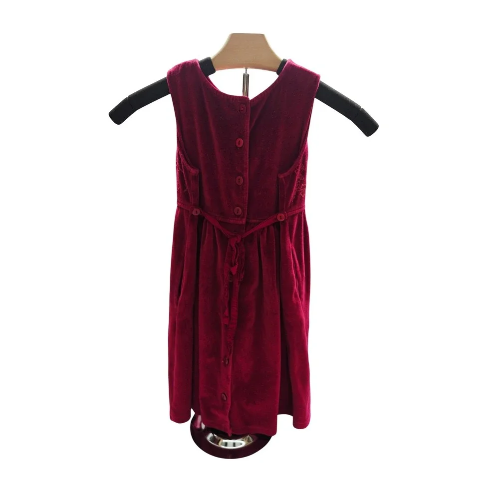 Cornelloki Kids Burgundy Red Velvet Embroidered Button Back Dress Size 3/4